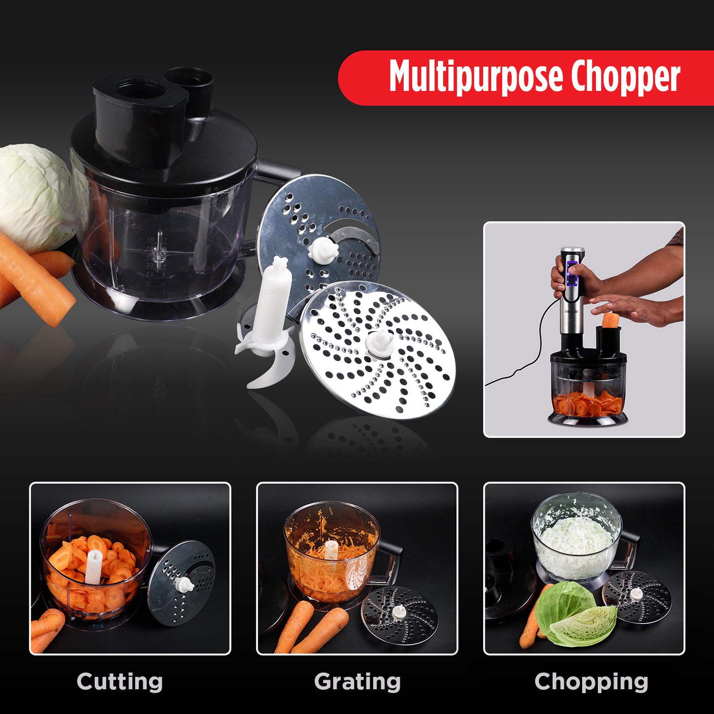 iBELL HB1000J 6-in-1 Hand Blender | 1000W Electric Hand Blender Mixer with Adjustable Speed, Immersion Blender, Whisk, Beater, Chopper, Slicer & 600ml Container (Black)