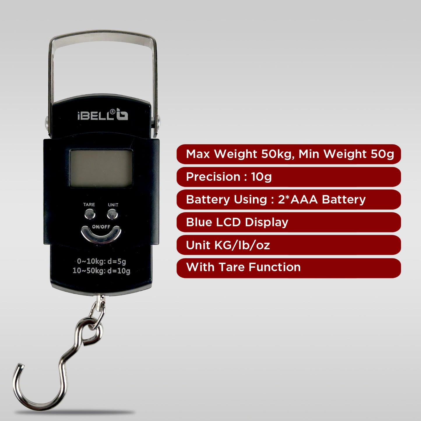 iBELL Weight Machine For Luggage Weighing Scale, Portable, 50 KG, Stainless Steel Hook, Digital LED Display & Tare Function, LS050M (Black)