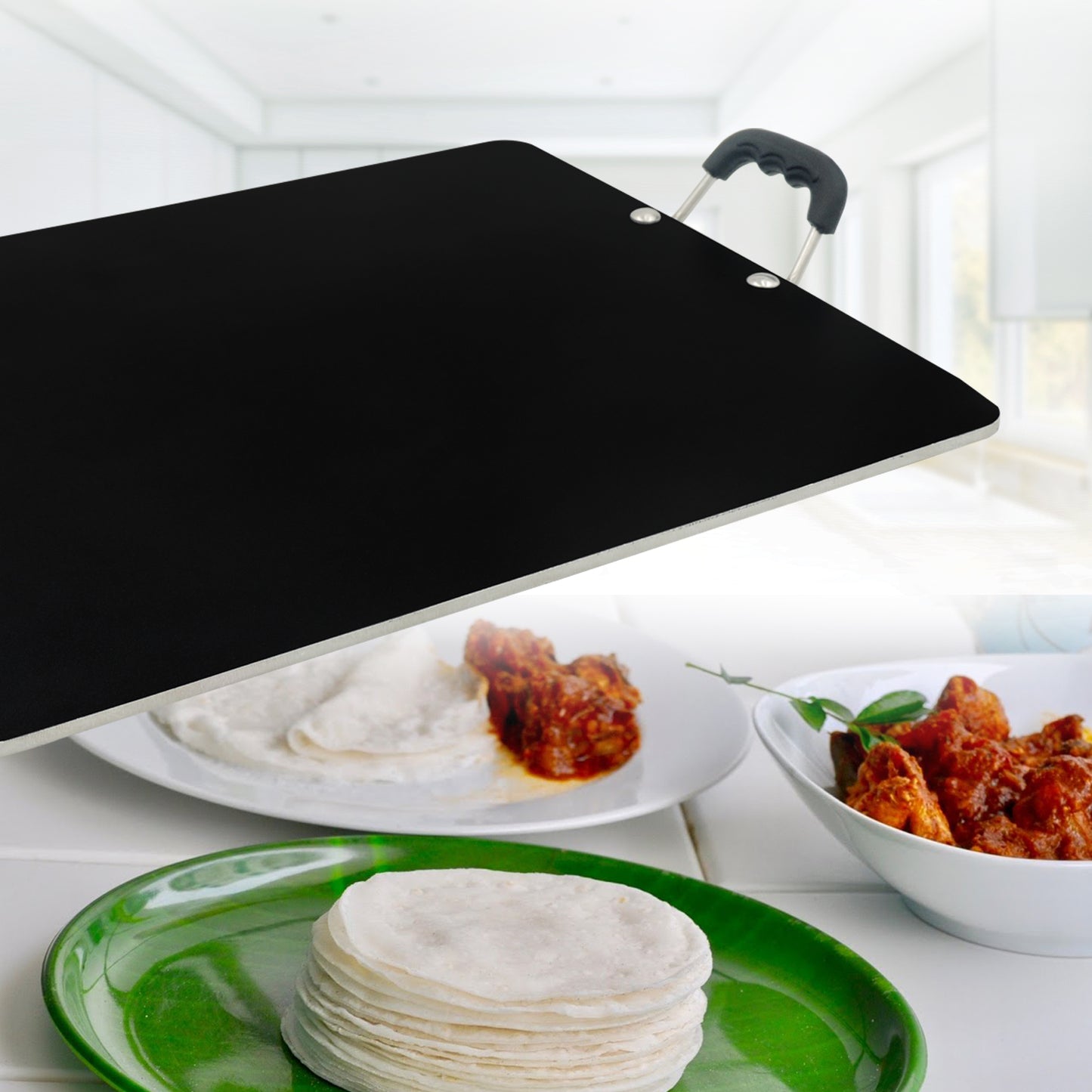 IBELL PT3833 Non Stick Tawa, Dosa Roti Chapati Pathiri Tawa, Large Rectangular Aluminium Body, 38cm x 33cm with 5mm Thickness (Black)