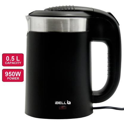 iBELL Sek105Bl Electric Kettle 500 Ml With Removable Lid,950 Watt,Auto Cut Off Function,Stainless Steel With Insulation,2 Glasses Free,Double Wall Kettle (Black),950 Watts,0.5 Liter