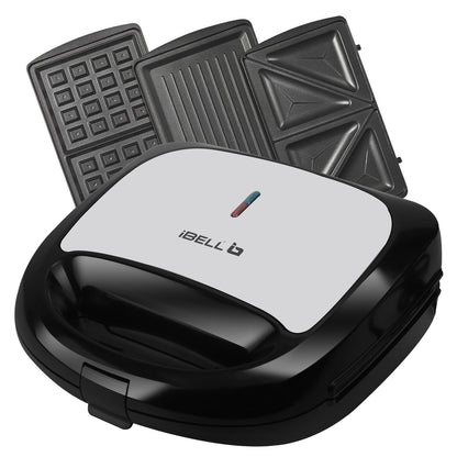 iBELL SM1301 3-in-1 Sandwich Maker, Big Size, 750 Watt, with Detachable Plates for Toast/Waffle/Grill (24 x 24 x 10 cm)