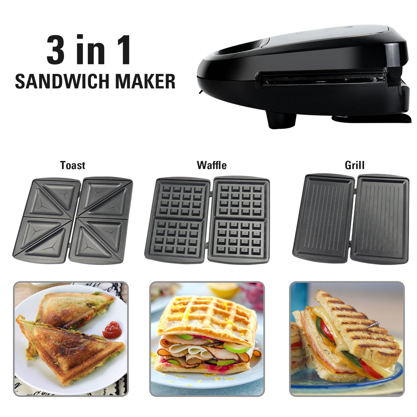 iBELL SM1301 3-in-1 Sandwich Maker, Big Size, 750 Watt, with Detachable Plates for Toast/Waffle/Grill (24 x 24 x 10 cm)