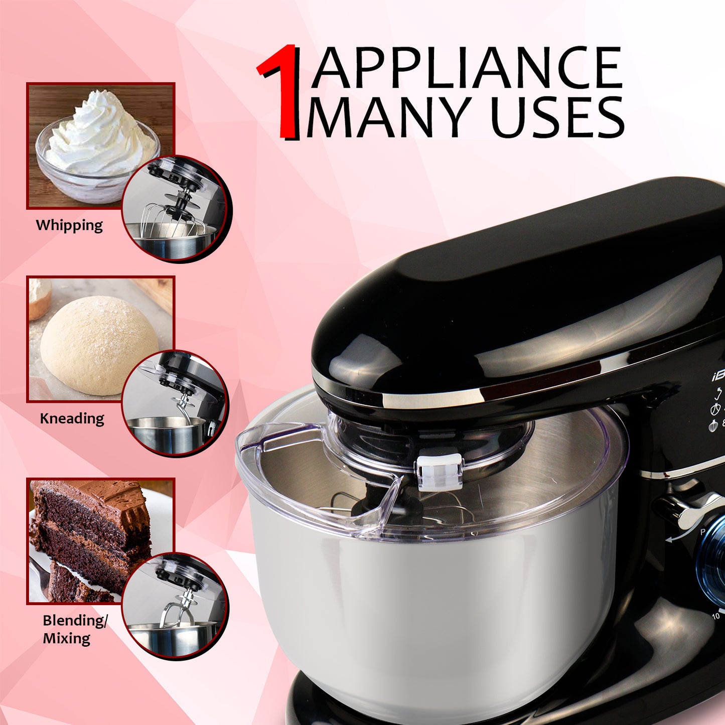 iBELL SM4600S Stand Mixer with Adjustable Head, 1500Watt, 6Litre Stainless Steel Bowl, 6 Speed Control, Multipurpose Mixer for Whipping, Kneading & Egg Beating (Black)