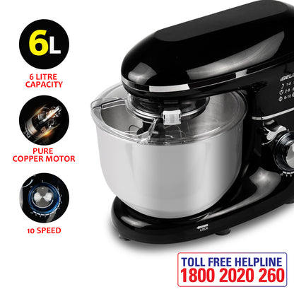 iBELL SM4600S Stand Mixer with Adjustable Head, 1500Watt, 6Litre Stainless Steel Bowl, 6 Speed Control, Multipurpose Mixer for Whipping, Kneading & Egg Beating (Black)