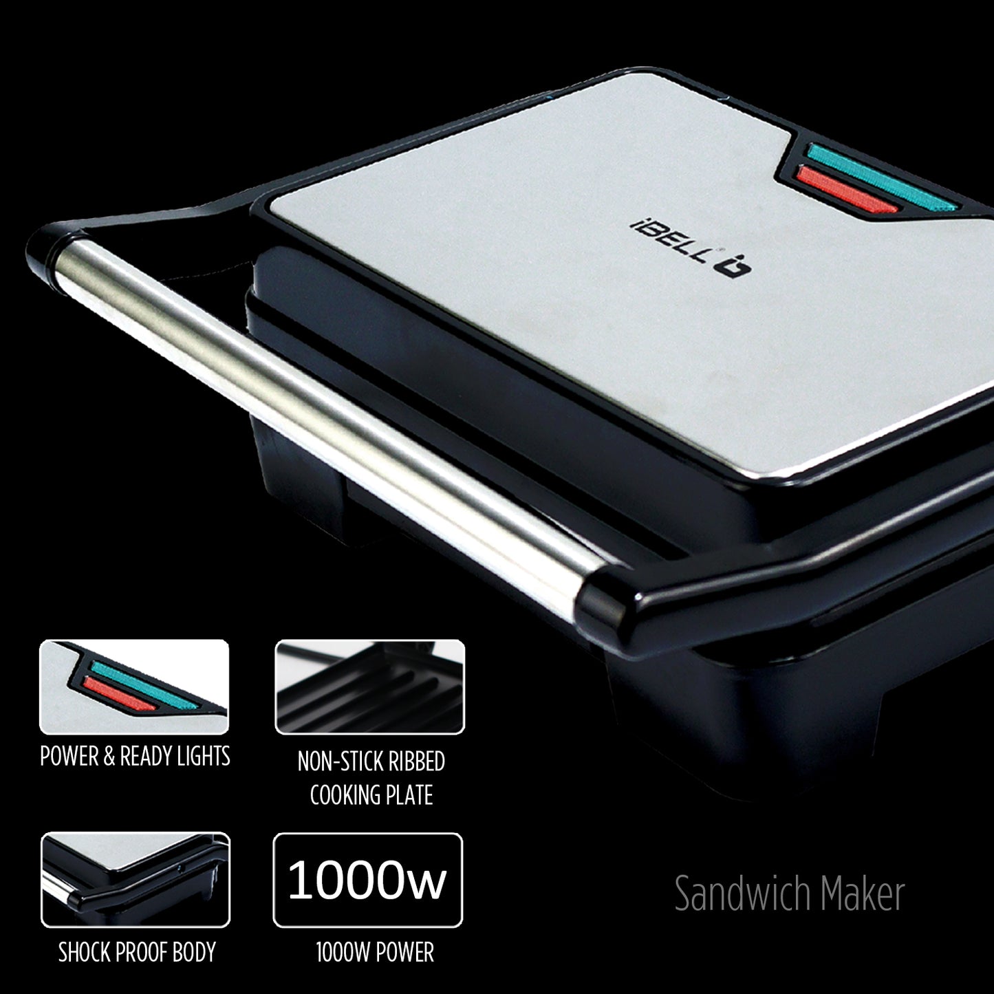 iBELL SM1515 Sandwich Maker with Floating Hinges, 1000Watt, Panini/Grill/Toast (Black)