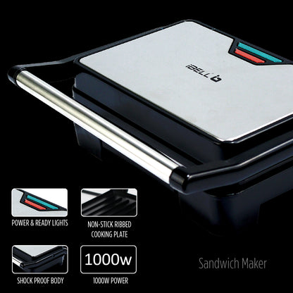iBELL SM1515 Sandwich Maker with Floating Hinges, 1000Watt, Panini/Grill/Toast (Black)