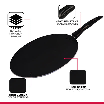 IBELL 3-Layer Durable Aluminium Non-Stick Tawa 290mm | Big Dosa, Roti, Chapati & Pathiri Pan | Scratch-Resistant Interior | Even Heat Distribution | Black