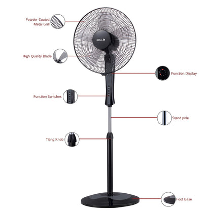 IBELL WINDP10 Pedestal Fan 5 Leaf with Remote and High Air Flow,406mm, 55W, High Speed, 100% Copper & Timer Function, Black