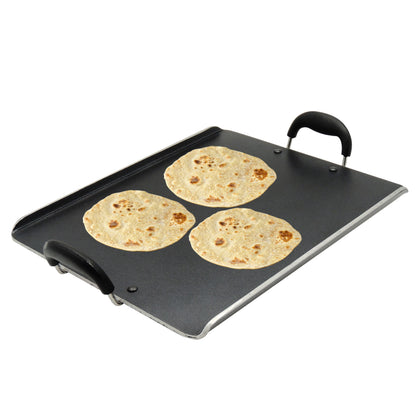 IBELL 3833DLX Non Stick Tawa, Dosa Roti Chapati Pathiri Tawa, Large Rectangular Aluminium Body with Bended Edge, 37.5cm x 31.5cm with 5mm Thickness (Black)