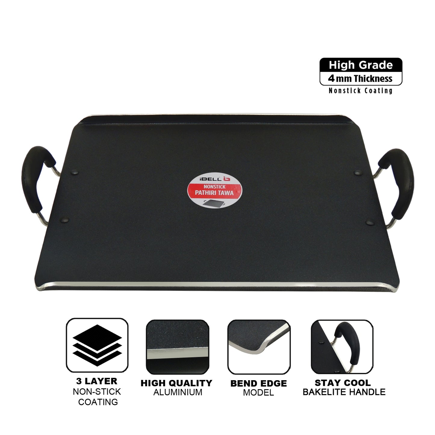 IBELL 3833DLX Non Stick Tawa, Dosa Roti Chapati Pathiri Tawa, Large Rectangular Aluminium Body with Bended Edge, 37.5cm x 31.5cm with 5mm Thickness (Black)