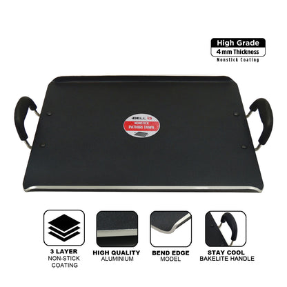 IBELL 3833DLX Non Stick Tawa, Dosa Roti Chapati Pathiri Tawa, Large Rectangular Aluminium Body with Bended Edge, 37.5cm x 31.5cm with 5mm Thickness (Black)