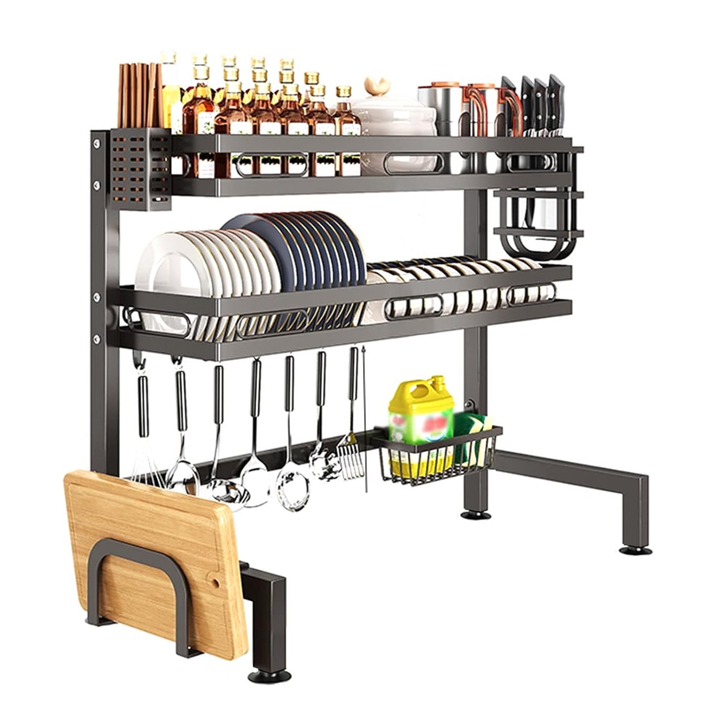 IBELL DR275 Over Sink Dish Rack for Kitchen, Bartan Stand for Drying, 2 Layer, Carbon Steel, Kitchen Organizer/Drainer Shelf/Utensils Storage (IBLDR275, Black), 27x75x80 cm