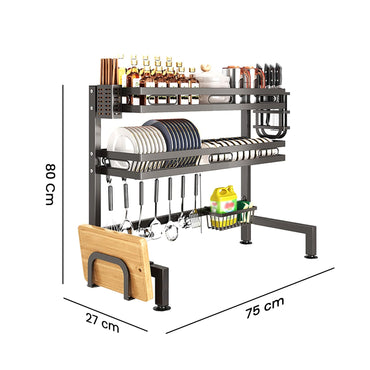 IBELL DR275 Over Sink Dish Rack for Kitchen, Bartan Stand for Drying, 2 Layer, Carbon Steel, Kitchen Organizer/Drainer Shelf/Utensils Storage (IBLDR275, Black), 27x75x80 cm