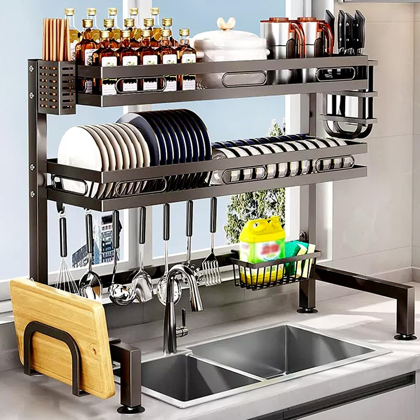 IBELL DR275 Over Sink Dish Rack for Kitchen, Bartan Stand for Drying, 2 Layer, Carbon Steel, Kitchen Organizer/Drainer Shelf/Utensils Storage (IBLDR275, Black), 27x75x80 cm