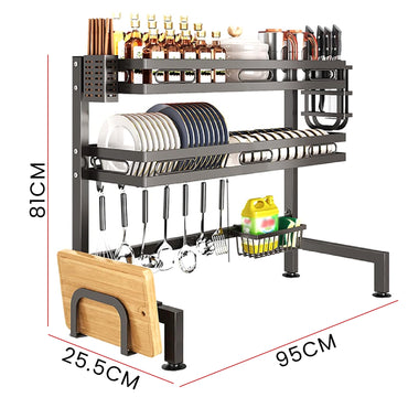 IBELL Over Sink Dish Rack for Kitchen, Bartan Stand for Drying, Carbon Steel, 2 Layer, Drainer Shelf/Kitchen Organizer/Utensils Storage (IBLDR295, Black) 25.5 x 95 x 81 cm