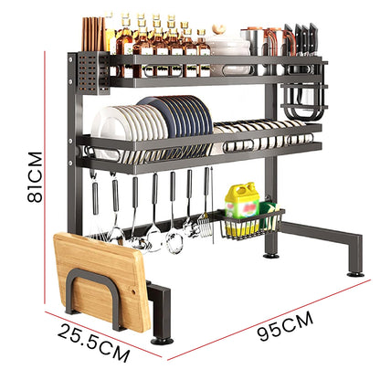 IBELL Over Sink Dish Rack for Kitchen, Bartan Stand for Drying, Carbon Steel, 2 Layer, Drainer Shelf/Kitchen Organizer/Utensils Storage (IBLDR295, Black) 25.5 x 95 x 81 cm