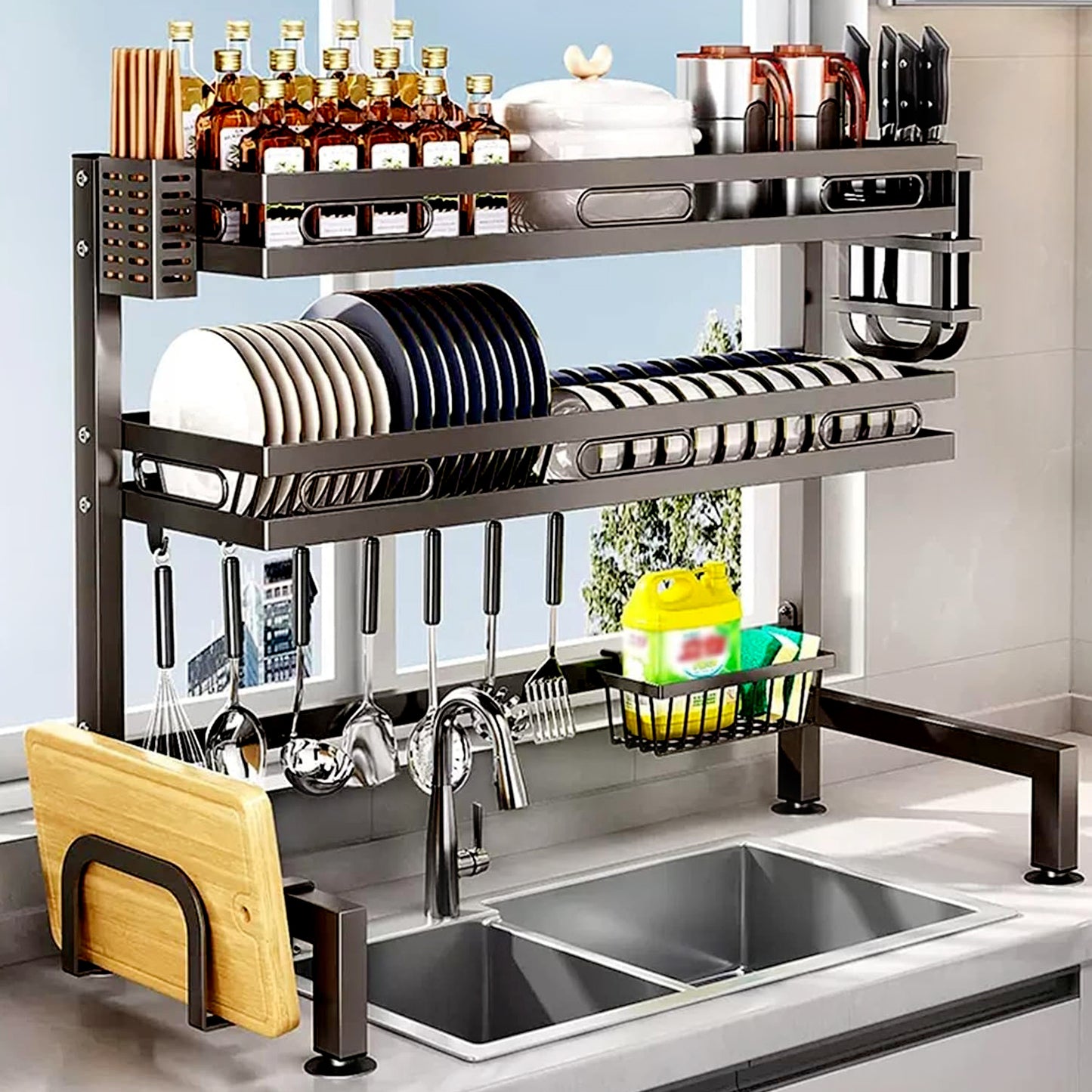 IBELL Over Sink Dish Rack for Kitchen, Bartan Stand for Drying, Carbon Steel, 2 Layer, Drainer Shelf/Kitchen Organizer/Utensils Storage (IBLDR295, Black) 25.5 x 95 x 81 cm