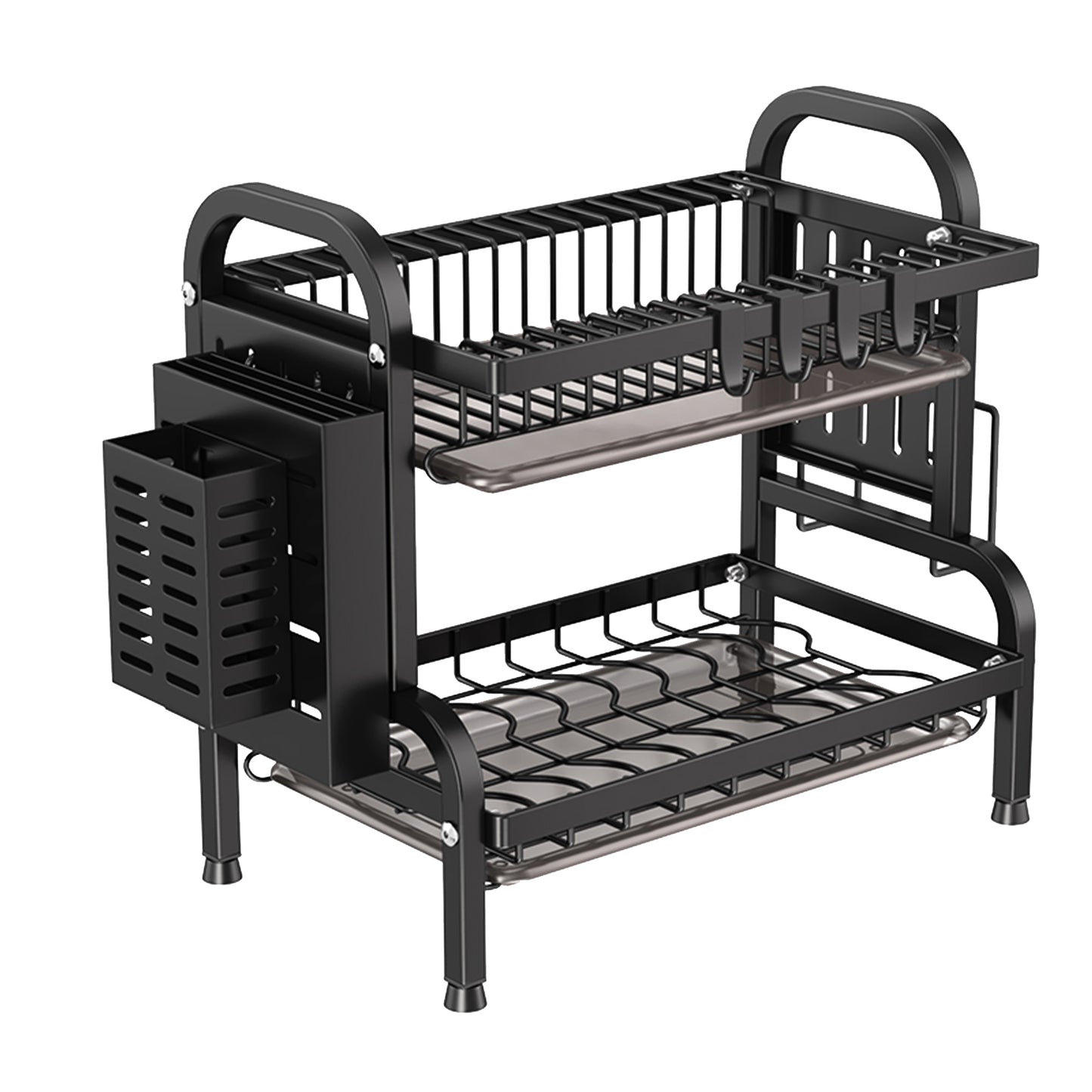 IBELL Carbon Steel DR242 Dish Drying Rack, 2-Tier Bartan Stand/Drainer Shelf/Kitchen Organizer/Counter for Utensils Storage (Black), 42x24x40 cm