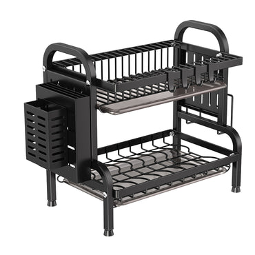 IBELL Carbon Steel DR242 Dish Drying Rack, 2-Tier Bartan Stand/Drainer Shelf/Kitchen Organizer/Counter for Utensils Storage (Black), 42x24x40 cm