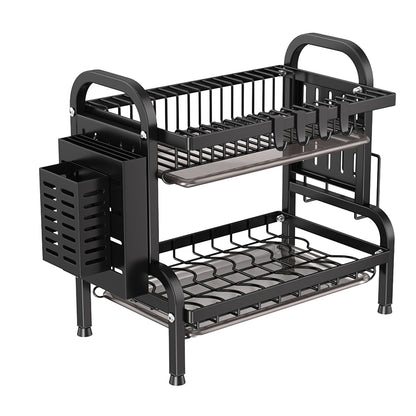 IBELL Carbon Steel DR242 Dish Drying Rack, 2-Tier Bartan Stand/Drainer Shelf/Kitchen Organizer/Counter for Utensils Storage (Black), 42x24x40 cm