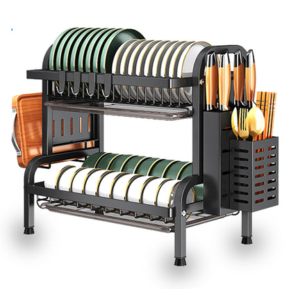 IBELL Carbon Steel DR242 Dish Drying Rack, 2-Tier Bartan Stand/Drainer Shelf/Kitchen Organizer/Counter for Utensils Storage (Black), 42x24x40 cm