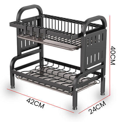 IBELL Carbon Steel DR242 Dish Drying Rack, 2-Tier Bartan Stand/Drainer Shelf/Kitchen Organizer/Counter for Utensils Storage (Black), 42x24x40 cm