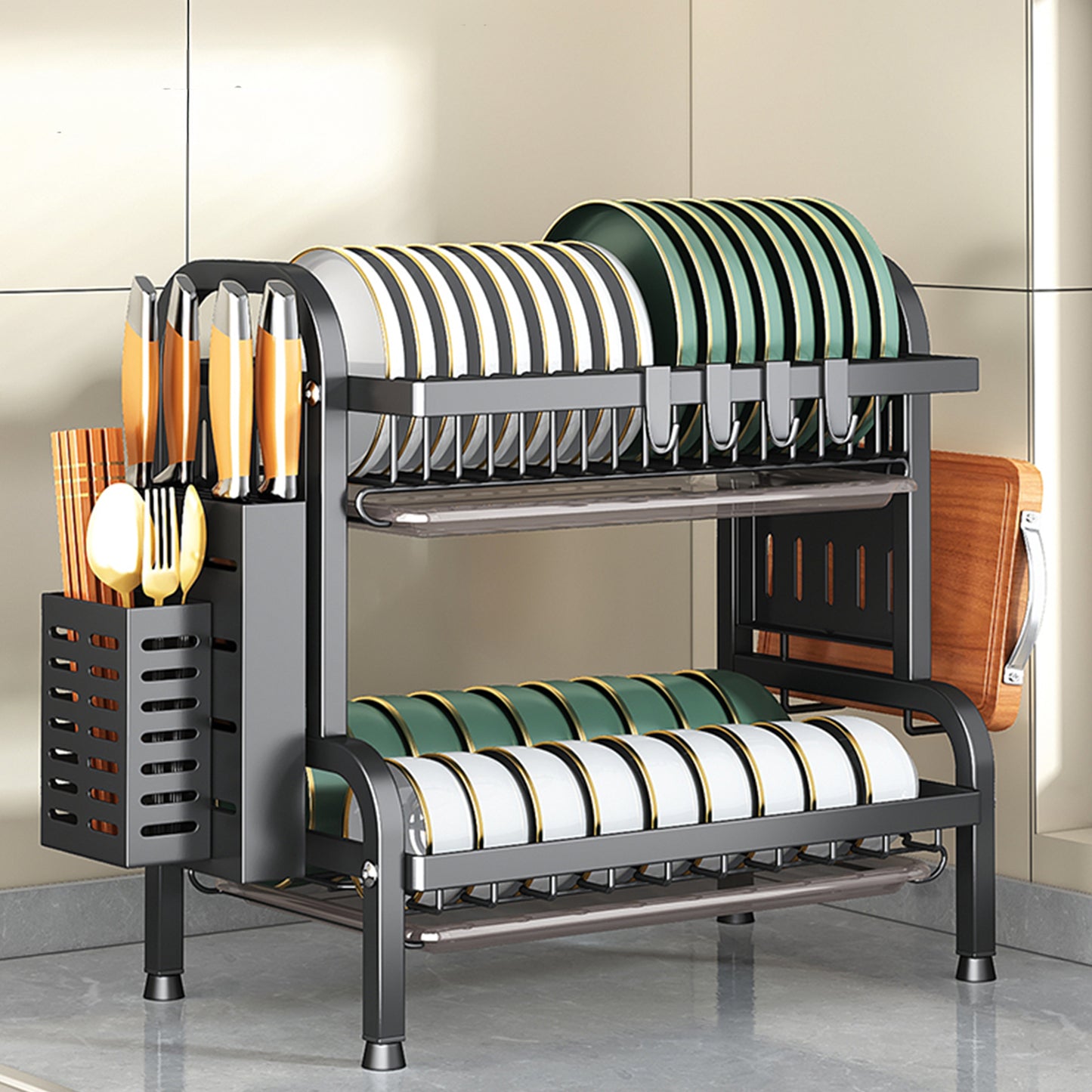 IBELL Carbon Steel DR242 Dish Drying Rack, 2-Tier Bartan Stand/Drainer Shelf/Kitchen Organizer/Counter for Utensils Storage (Black), 42x24x40 cm