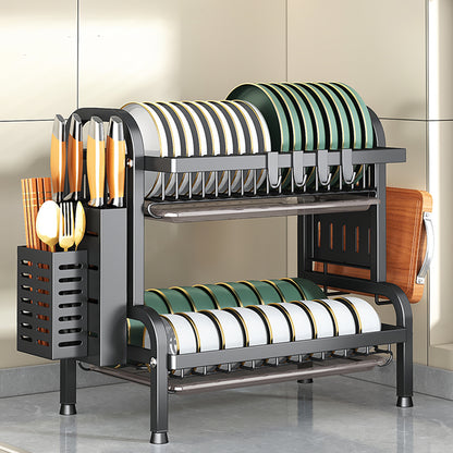 IBELL Carbon Steel DR242 Dish Drying Rack, 2-Tier Bartan Stand/Drainer Shelf/Kitchen Organizer/Counter for Utensils Storage (Black), 42x24x40 cm