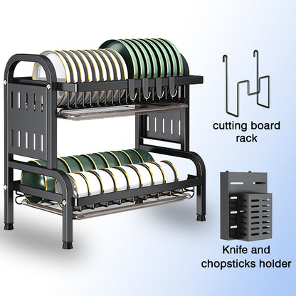 IBELL Carbon Steel DR242 Dish Drying Rack, 2-Tier Bartan Stand/Drainer Shelf/Kitchen Organizer/Counter for Utensils Storage (Black), 42x24x40 cm