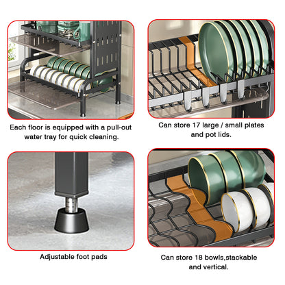 IBELL Carbon Steel DR242 Dish Drying Rack, 2-Tier Bartan Stand/Drainer Shelf/Kitchen Organizer/Counter for Utensils Storage (Black), 42x24x40 cm