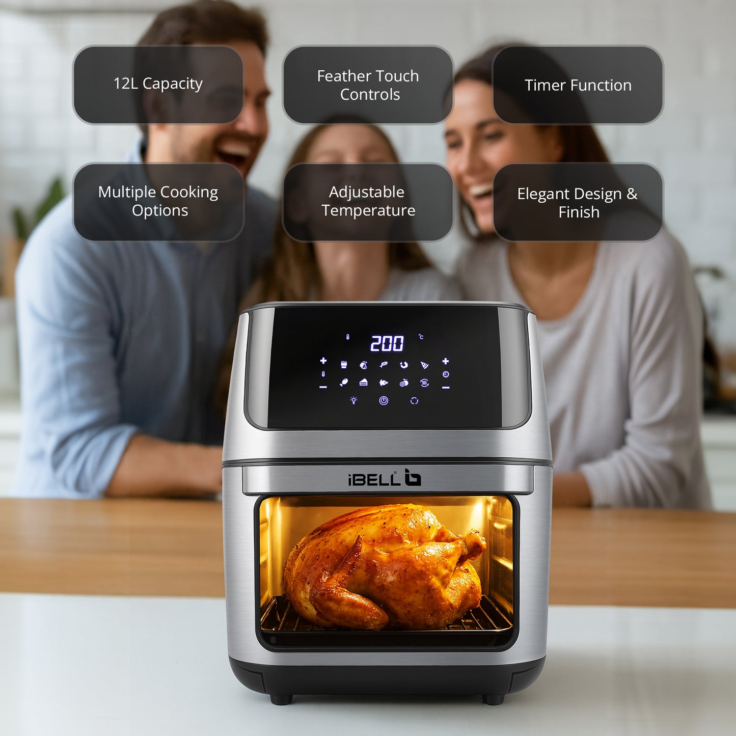 iBELL AF1270M 12L Air Fryer 2000W, 360° Turbo Hot Air Circulation & 10 Presets, Includes Rotisserie, Skewer Set, Rotating Mesh Basket & Crisper Tray. Auto-Off (BLACK)