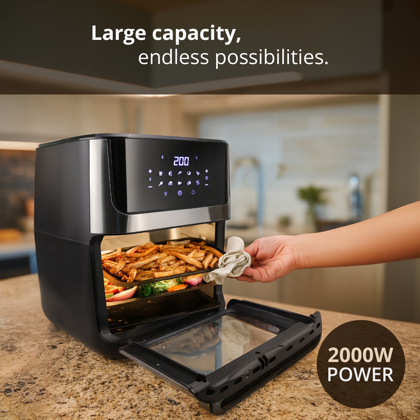 iBELL AF1270M 12L Air Fryer 2000W, 360° Turbo Hot Air Circulation & 10 Presets, Includes Rotisserie, Skewer Set, Rotating Mesh Basket & Crisper Tray. Auto-Off (BLACK)