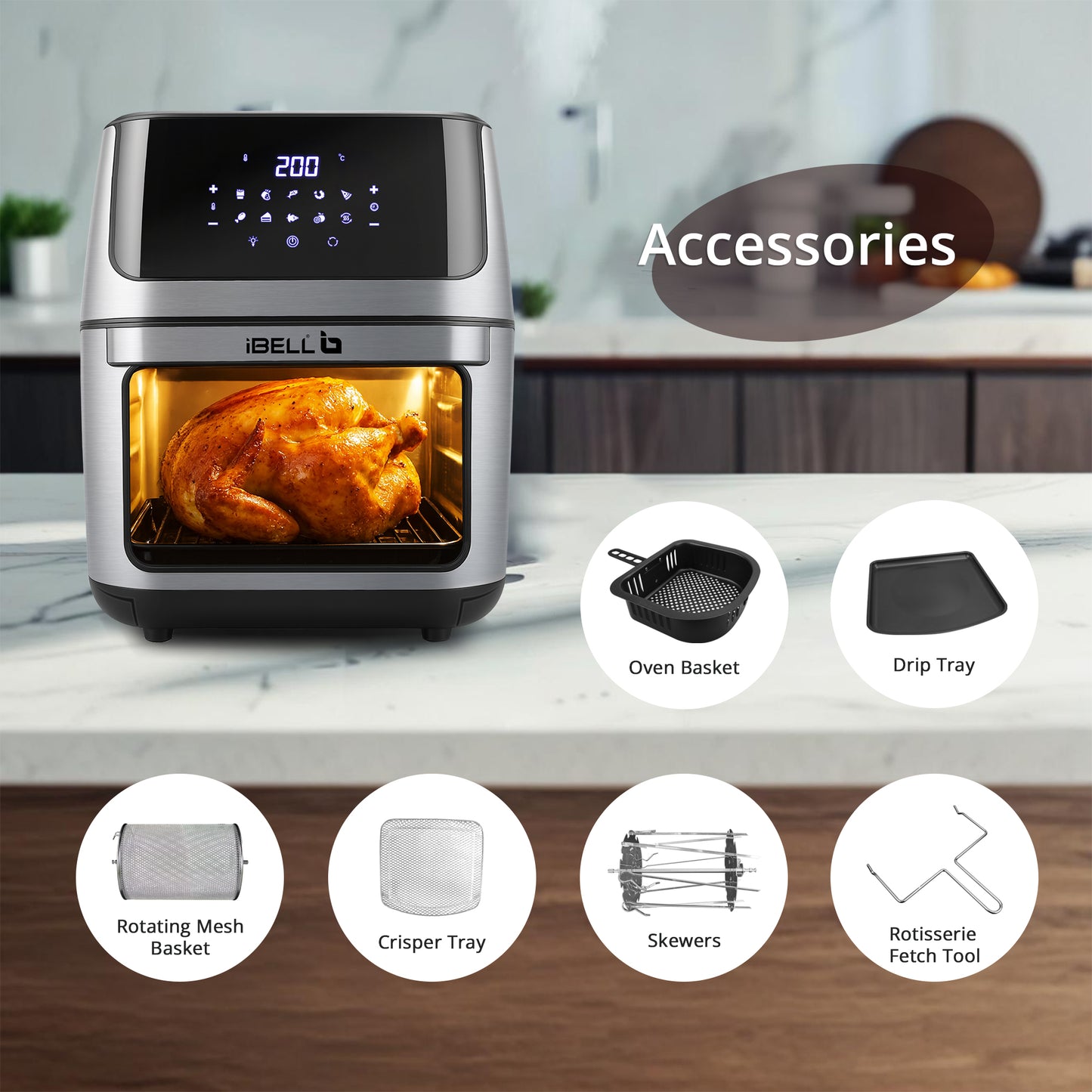 iBELL AF1270M 12L Air Fryer 2000W, 360° Turbo Hot Air Circulation & 10 Presets, Includes Rotisserie, Skewer Set, Rotating Mesh Basket & Crisper Tray. Auto-Off (BLACK)