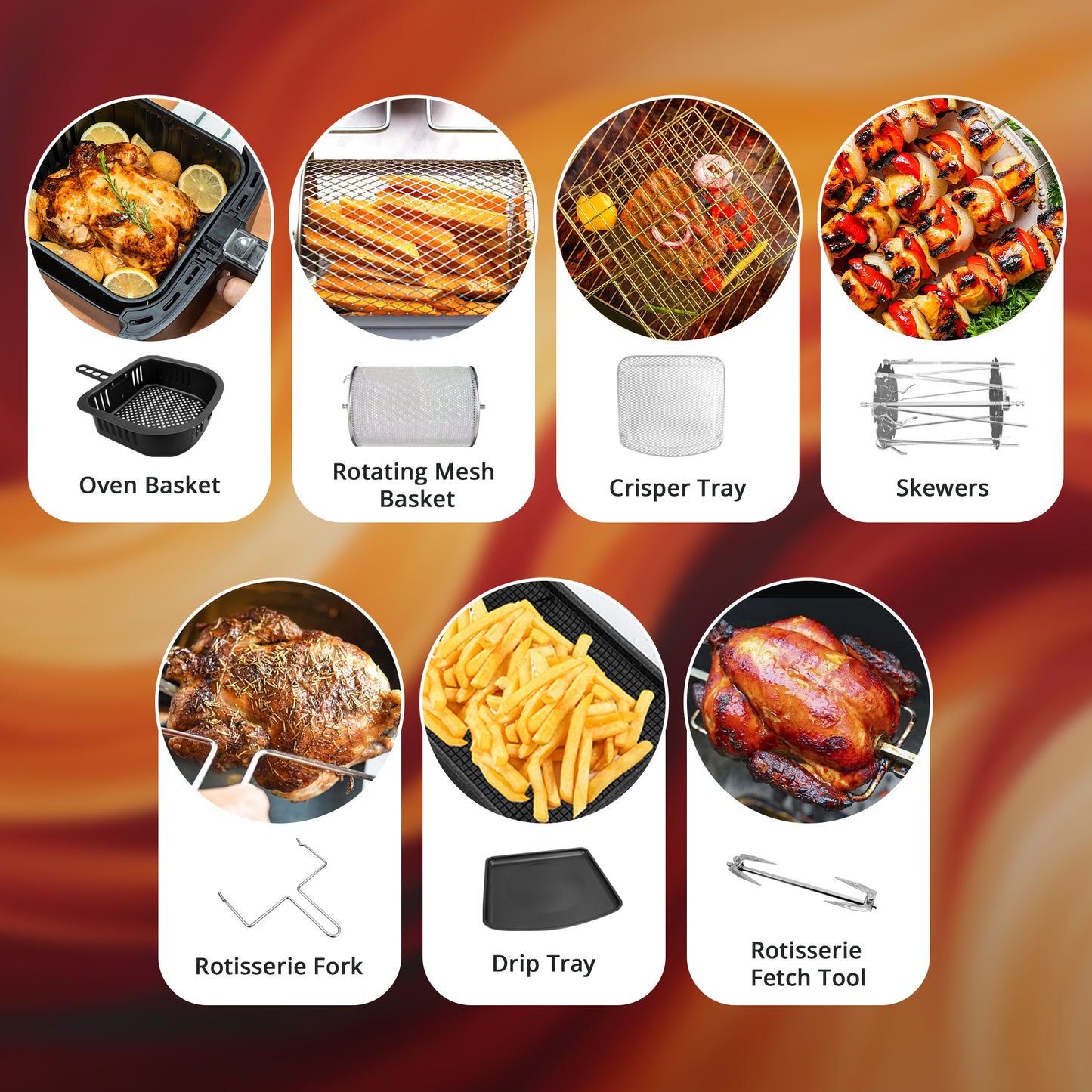 iBELL AF1270M 12L Air Fryer 2000W, 360° Turbo Hot Air Circulation & 10 Presets, Includes Rotisserie, Skewer Set, Rotating Mesh Basket & Crisper Tray. Auto-Off (BLACK)