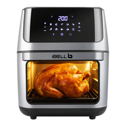 iBELL AF1270M 12L Air Fryer 2000W, 360° Turbo Hot Air Circulation & 10 Presets, Includes Rotisserie, Skewer Set, Rotating Mesh Basket & Crisper Tray. Auto-Off (BLACK)