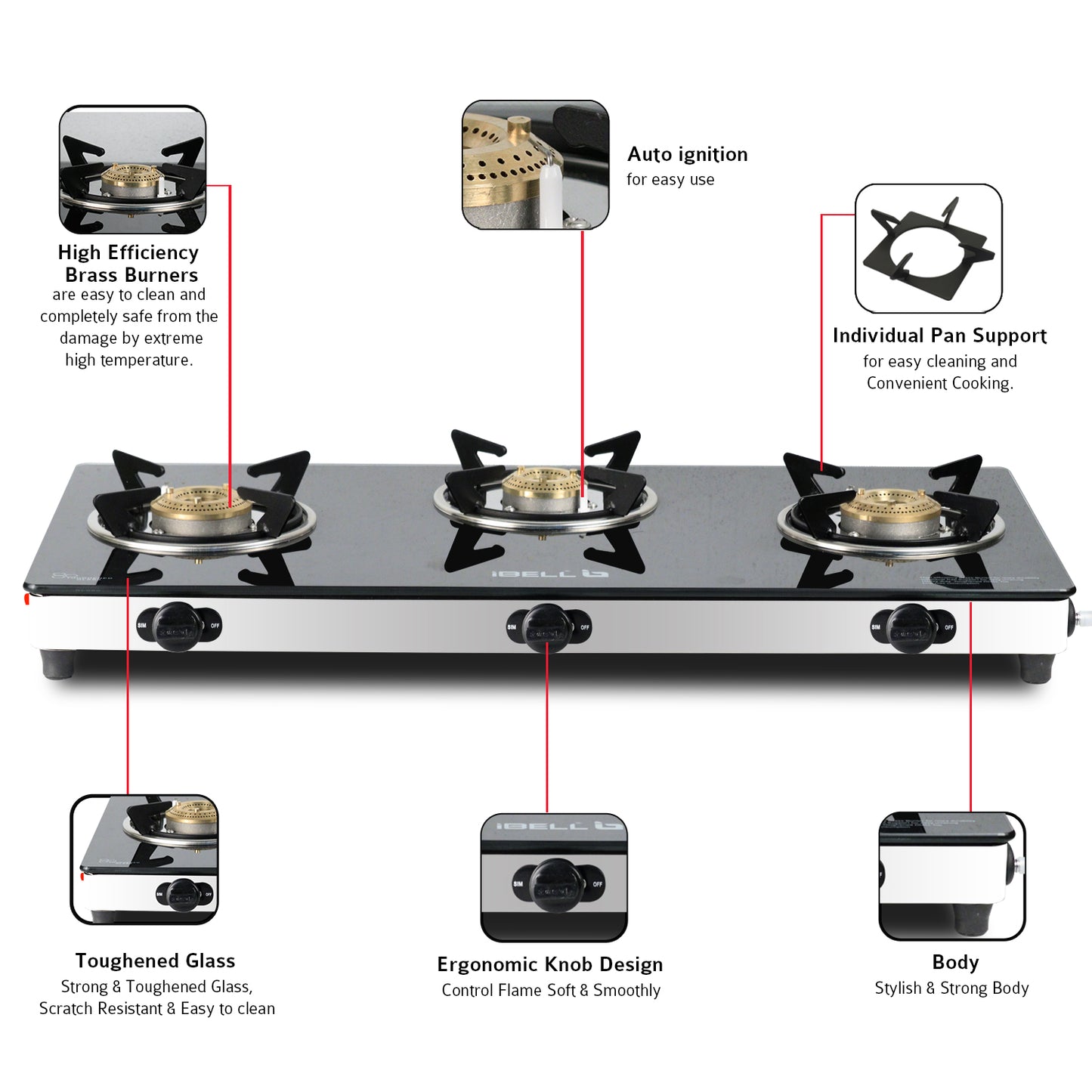 iBELL AGS9413SLM 3 Burner Gas Stove with Auto Ignition, Square Pan Supports, 7mm Toughened Glass Top, Large Size (77 x 38 x 7.5 cm, Black, Tempered Glass)