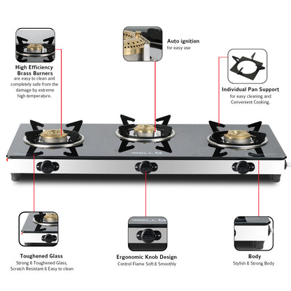 iBELL AGS9413SLM 3 Burner Gas Stove with Auto Ignition, Square Pan Supports, 7mm Toughened Glass Top, Large Size (77 x 38 x 7.5 cm, Black, Tempered Glass)