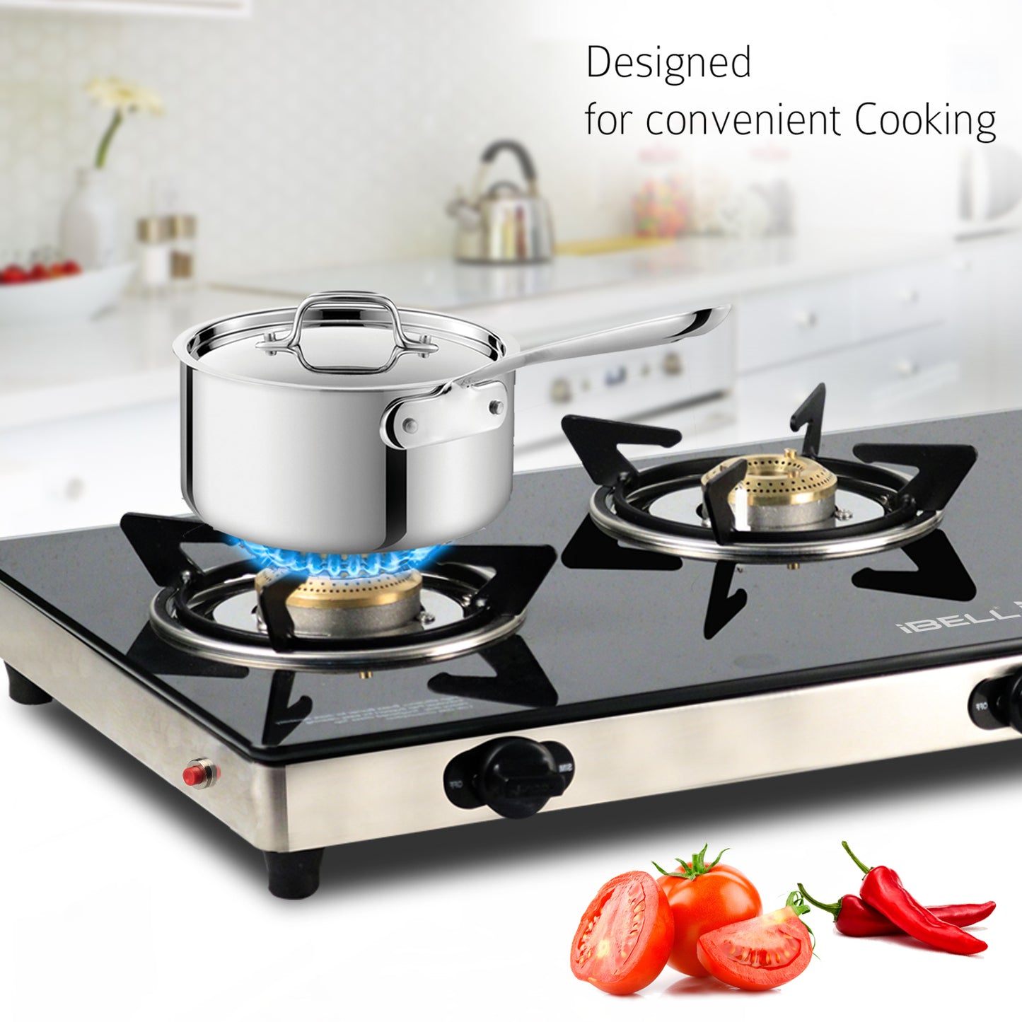 iBELL AGS9413SLM 3 Burner Gas Stove with Auto Ignition, Square Pan Supports, 7mm Toughened Glass Top, Large Size (77 x 38 x 7.5 cm, Black, Tempered Glass)