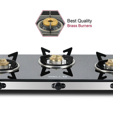 iBELL AGS9413SLM 3 Burner Gas Stove with Auto Ignition, Square Pan Supports, 7mm Toughened Glass Top, Large Size (77 x 38 x 7.5 cm, Black, Tempered Glass)