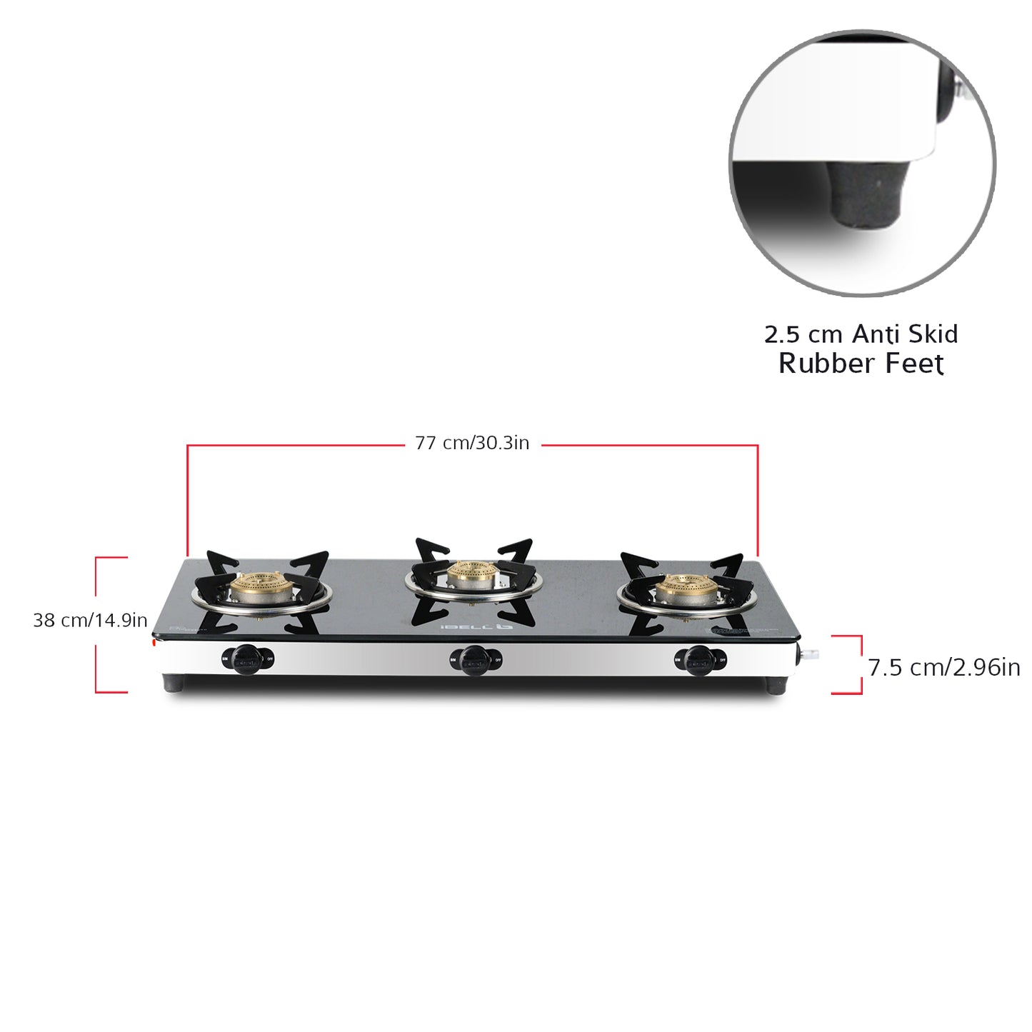 iBELL AGS9413SLM 3 Burner Gas Stove with Auto Ignition, Square Pan Supports, 7mm Toughened Glass Top, Large Size (77 x 38 x 7.5 cm, Black, Tempered Glass)