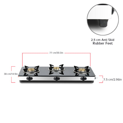 iBELL AGS9413SLM 3 Burner Gas Stove with Auto Ignition, Square Pan Supports, 7mm Toughened Glass Top, Large Size (77 x 38 x 7.5 cm, Black, Tempered Glass)