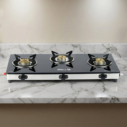 iBELL AGS9413SLM 3 Burner Gas Stove with Auto Ignition, Square Pan Supports, 7mm Toughened Glass Top, Large Size (77 x 38 x 7.5 cm, Black, Tempered Glass)