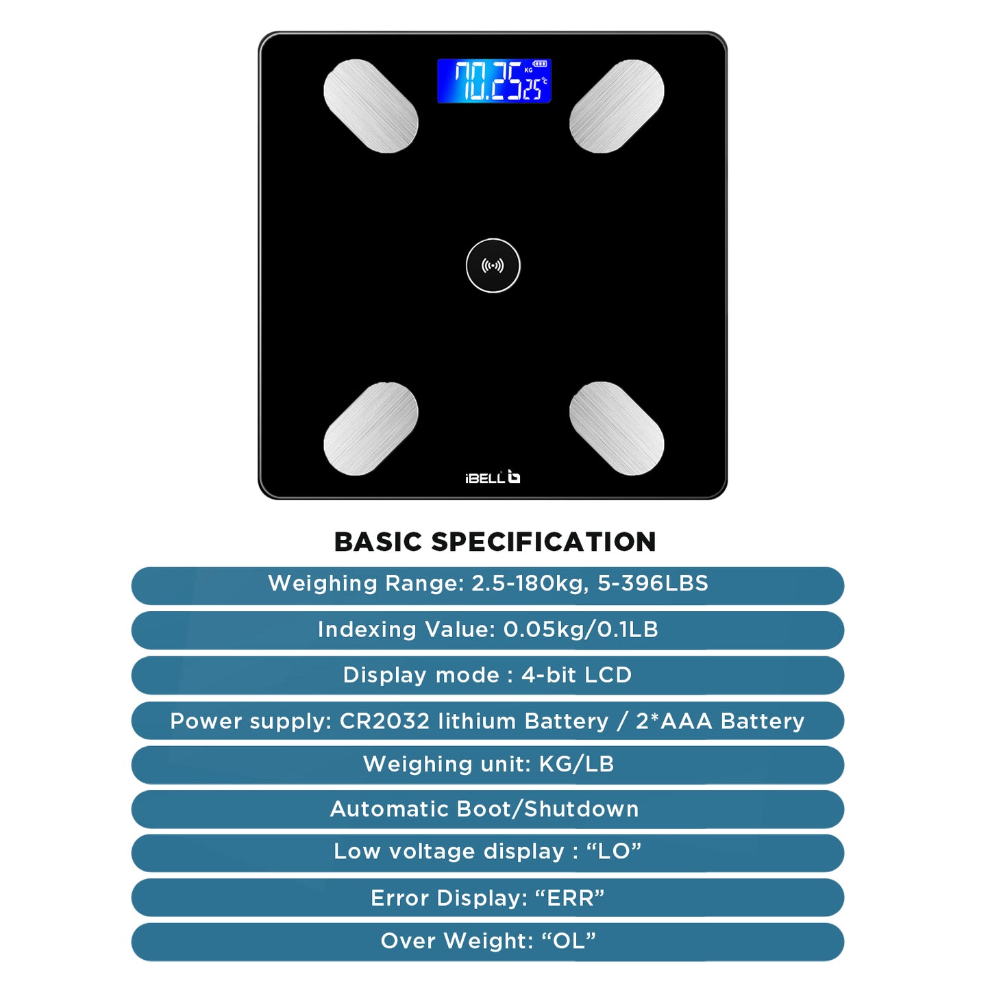 iBELL BS260BT Smart Weight Machine for Body weight, Weighing Scale with Bluetooth, Tempered Glass, LCD Display (Black)
