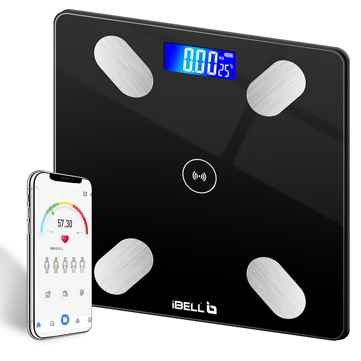 iBELL BS260BT Smart Weight Machine for Body weight, Weighing Scale with Bluetooth, Tempered Glass, LCD Display (Black)