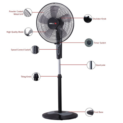 IBELL CHROME10 Pedestal Fan with 2hr Timer, 5 Leaf, High-Speed Motor, Height Adjustable, Portable (Black), 406.4 mm