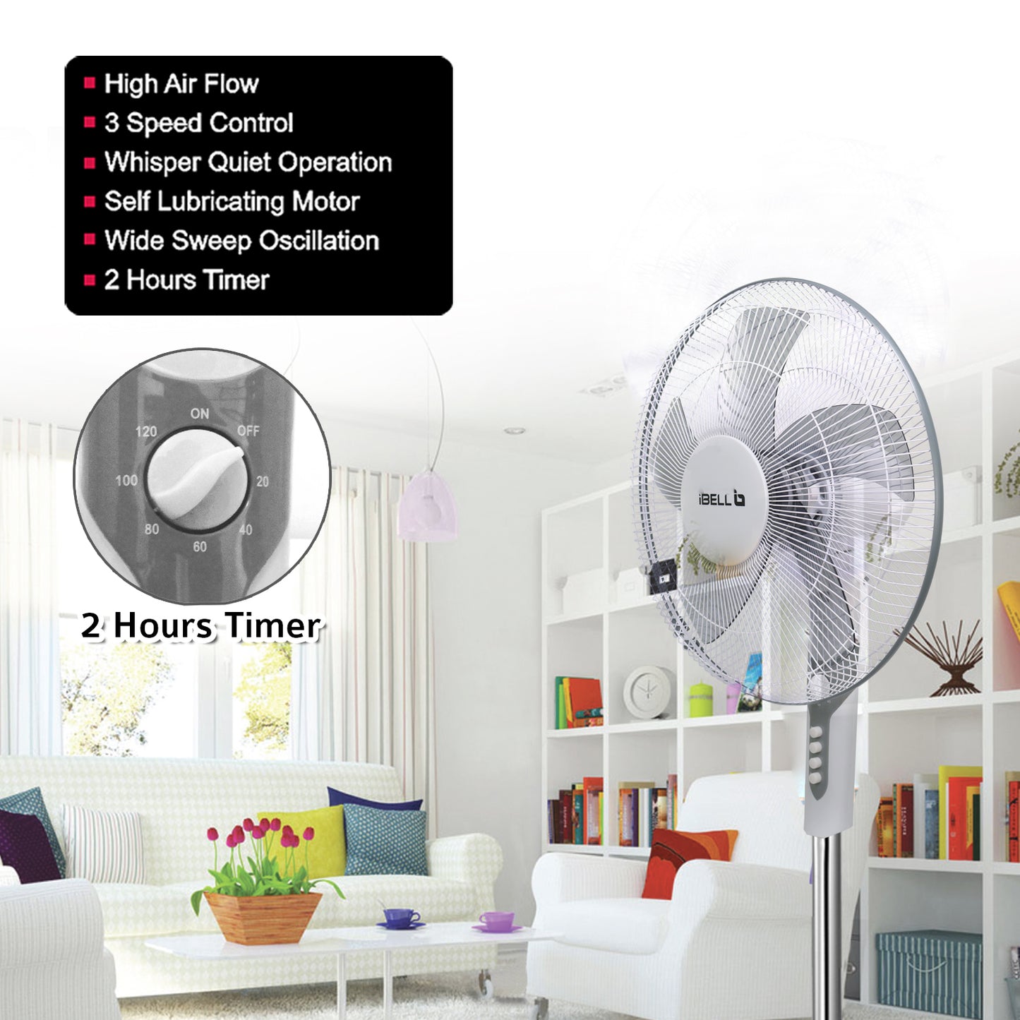 IBELL CHROME10 Pedestal Fan with Timer, 5 Leaf, 406mm, High Speed Motor (White)