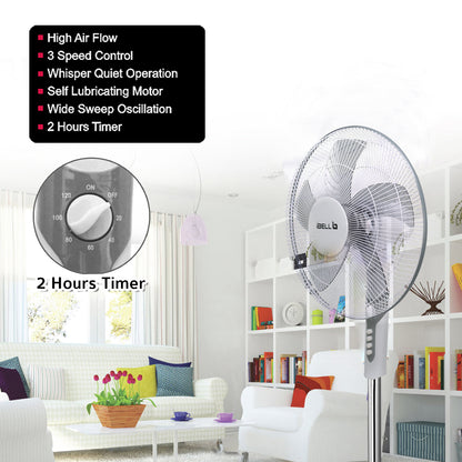 IBELL CHROME10 Pedestal Fan with Timer, 5 Leaf, 406mm, High Speed Motor (White)