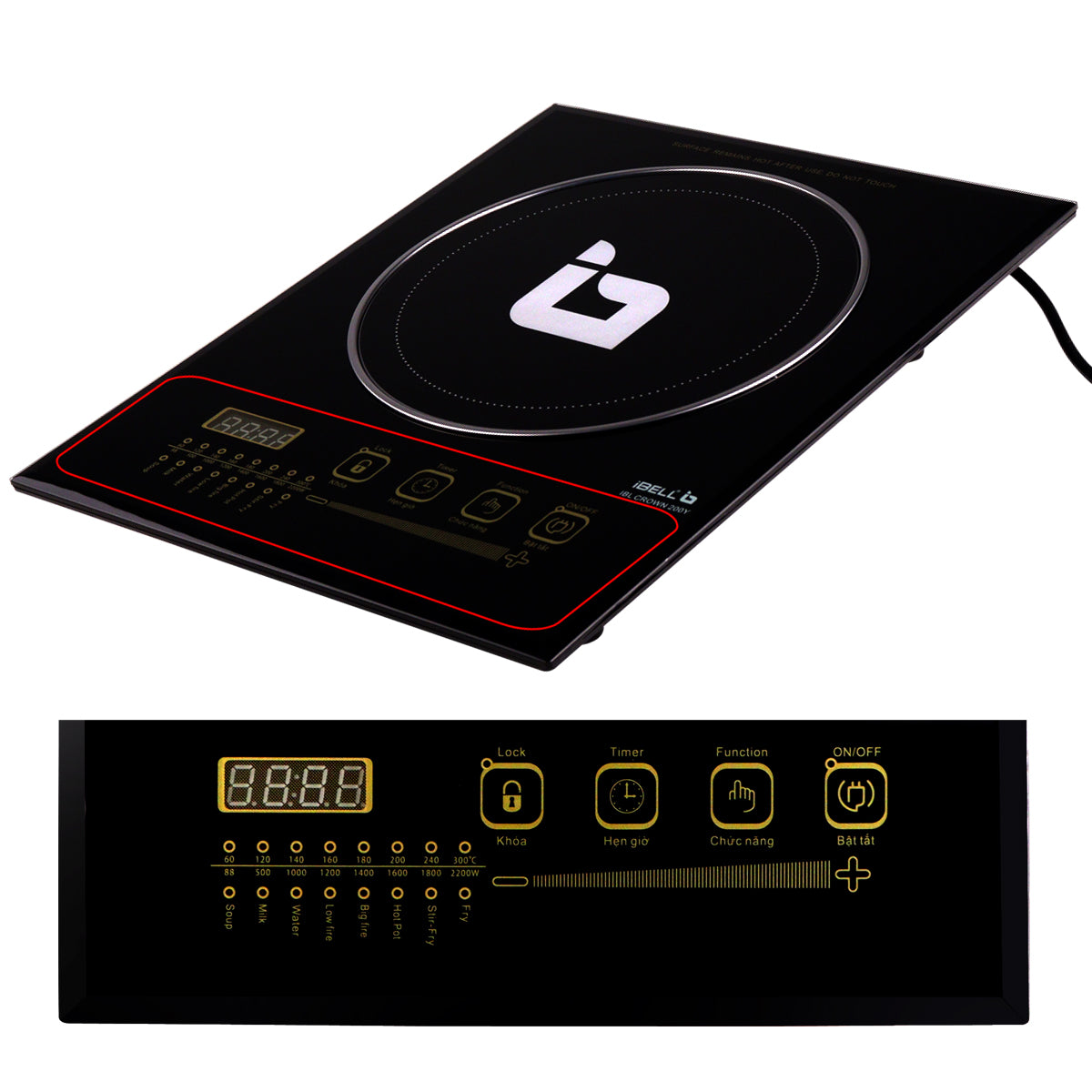 IBELL CROWN200Y Induction Cooktop 2200 Watt, Auto Shut Off, 2 Year Warranty, Crystal Glass Top, Touch Buttons, 8 Cooking Modes, Over Heat Protection, Big Size (Black)