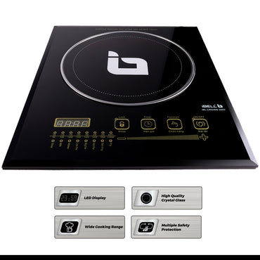 IBELL CROWN200Y Induction Cooktop 2200 Watt, Auto Shut Off, 2 Year Warranty, Crystal Glass Top, Touch Buttons, 8 Cooking Modes, Over Heat Protection, Big Size (Black)