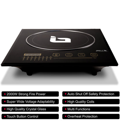 IBELL CROWN200Y Induction Cooktop 2200 Watt, Auto Shut Off, 2 Year Warranty, Crystal Glass Top, Touch Buttons, 8 Cooking Modes, Over Heat Protection, Big Size (Black)